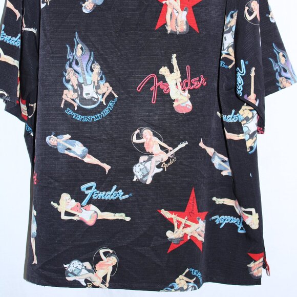 Fender DaVinci Shirt Mens Extra Large Black Button Up Hawaiian Pinup Guitars AOP - Picture 4 of 5